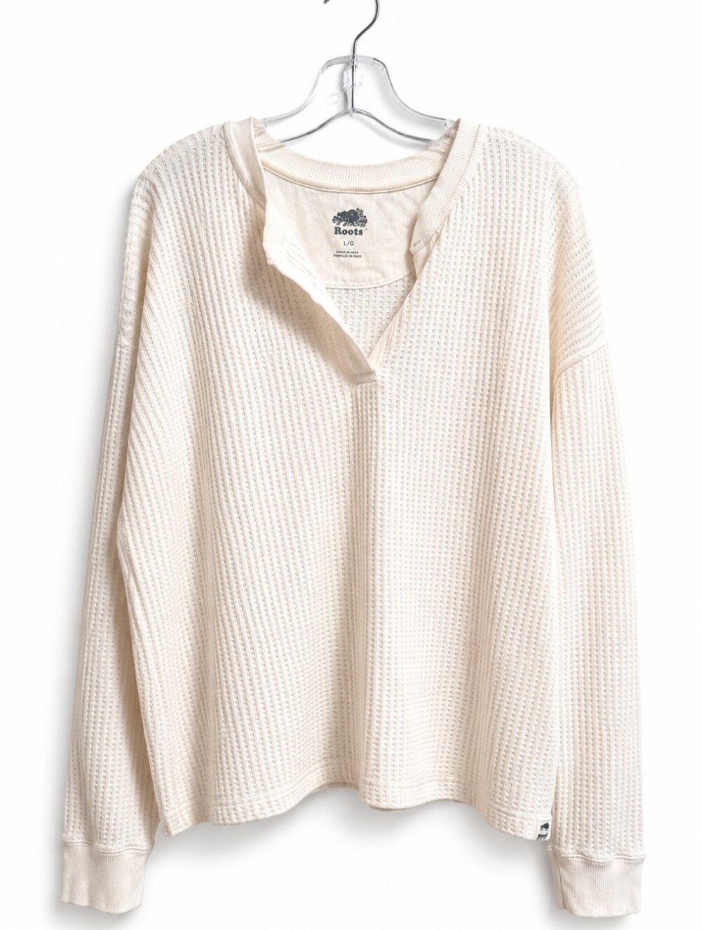 Roots Men’s Waffle Knit Long Sleeve Shirt Cream Size L Cotton Blend Thermal